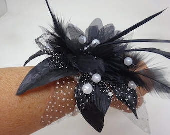 Black Flower Wrist Corsage on Beaded Bracelet with Fabric Flower with Feathers Beads and Spotted Organza