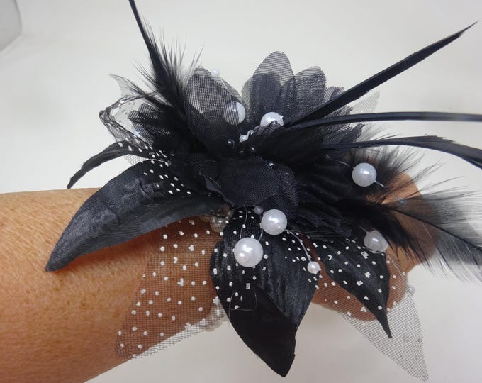 Black Flower Wrist Corsage on Beaded Bracelet with Fabric Flower with Feathers Beads and Spotted Organza