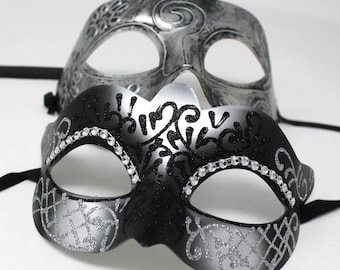Black and Silver Diamonte Pair of Male and Female Couples Masquerade Masks