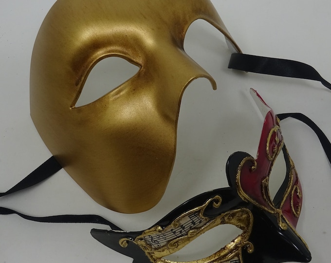 Musical Script Red Black and Gold and Gold Phantom his and hers couples pair of masquerade masks