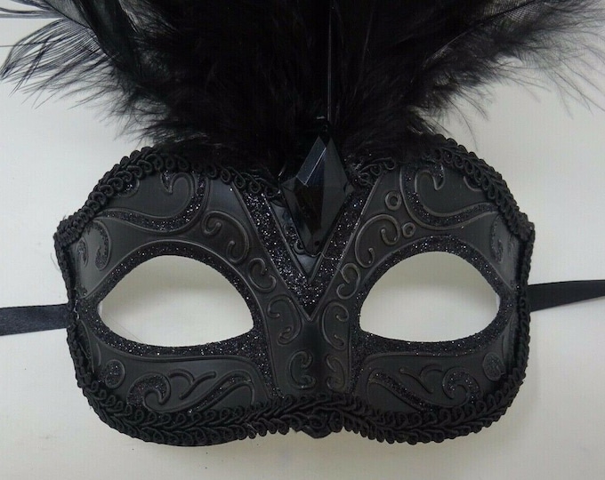 Ladies Black Masquerade Mask with Long Feathers and Centre Jewel
