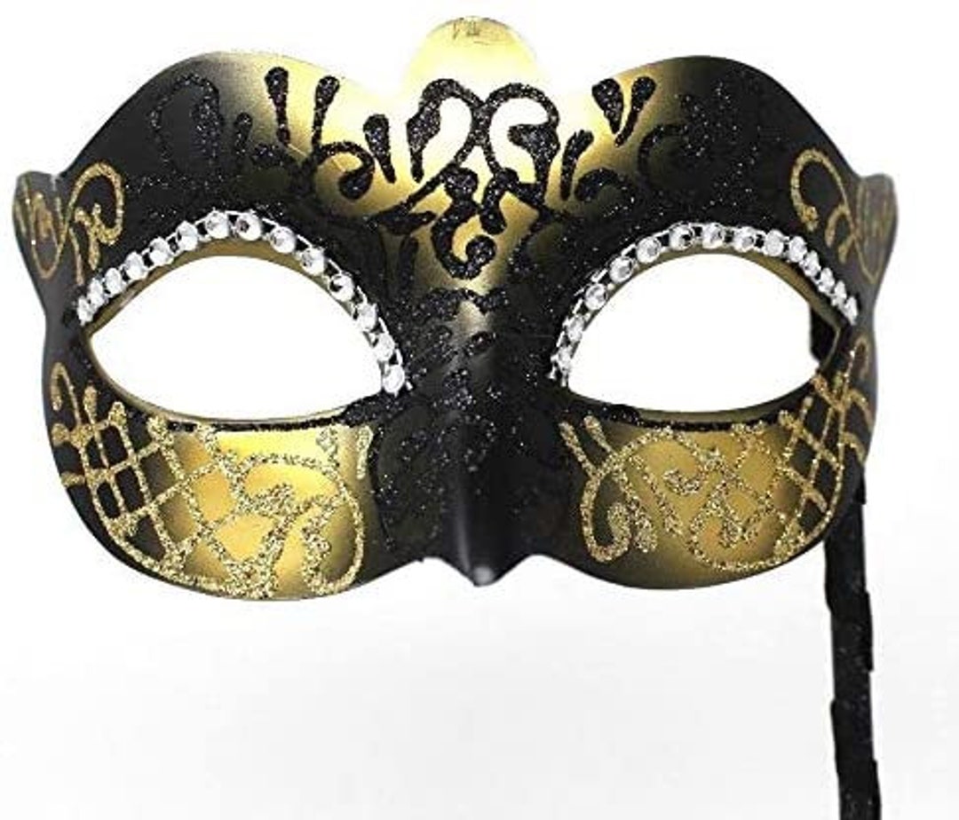 Hand Held Ladies Glittering Black and Gold Masquerade Mask on a Stick ...