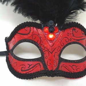 Red and Black Masquerade Mask with Long Feathers and Centre Jewel for Masked Ball