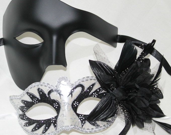 His and Hers Couples Masks in Black and White with Flower