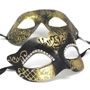 Gold and Black Diamonte Detail His and Hers Couples Pair of Masquerade Masks