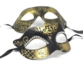 Gold and Black Diamonte Detail His and Hers Couples Pair of Masquerade Masks