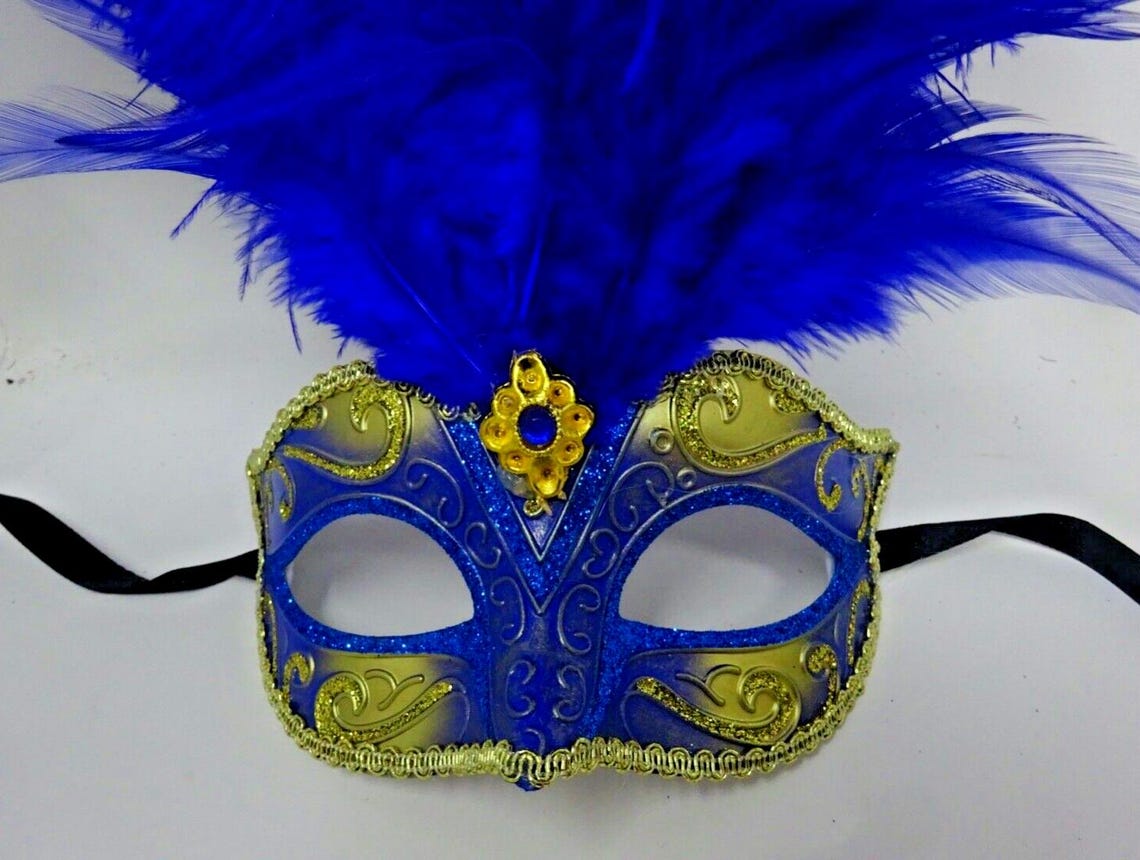 Blue and Gold Feather Masquerade Mask - Etsy UK