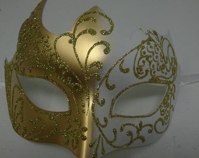 Ivory and Gold Gothic Styling Venetian Masquerade Eye Mask for Masked Ball Prom Party
