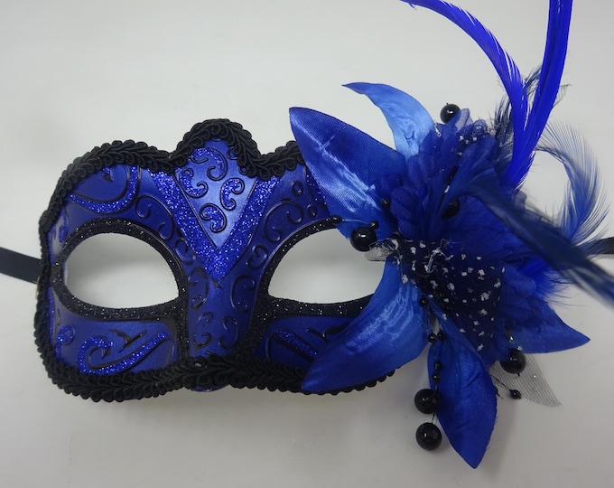 Sparkling Blue and Black Masquerade Ball Party Eye Mask with Flower and Feathers