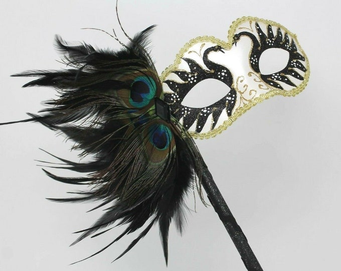 Black and Gold Swan Lake Masquerade Mask on a Stick with Peacock Feather Detail