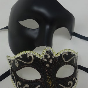 His and Hers Black Silver and Gold Phantom Pair of Male and Female Couples Masquerade Masks