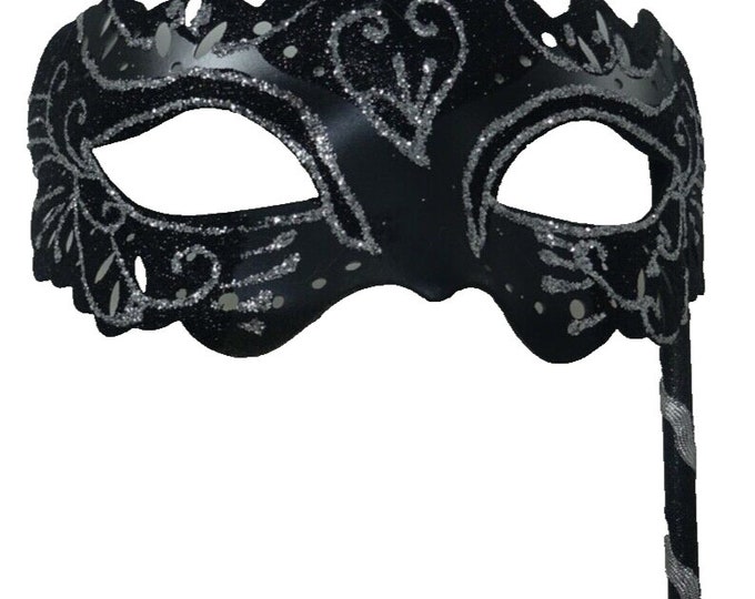 Black and Silver Rialto Masquerade Mask for Masked Ball Carnival Party Halloween Hand Held on a Wooden Stick
