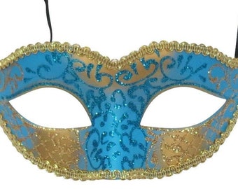 Turquoise Blue and Gold Masquerade Mask