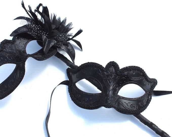 Black His n Hers Couples Masquerade Party Carnival Eye Masks with Flower and Stick