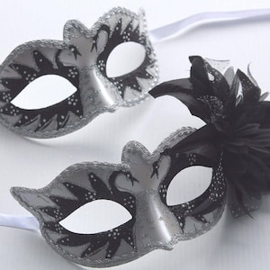 His and Hers Swan Lake Couples Masks in Black and Pearlised White with Flower