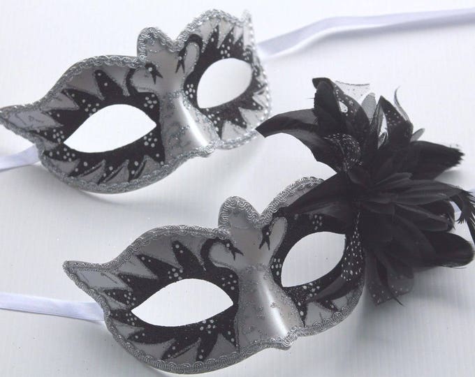 His and Hers Swan Lake Couples Masks in Black and Pearlised White with Flower