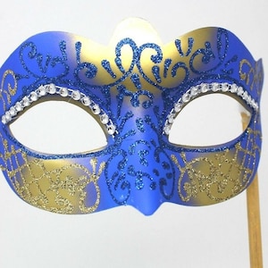 Stunning Blue and Gold Diamonte Masquerade Mask on a Gold Stick