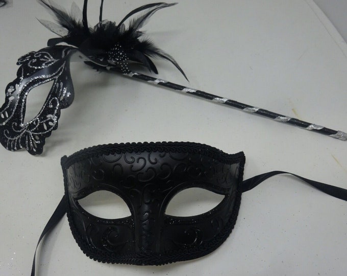 Couples Masks Black and Silver Rialto Masquerade Mask with Flower for Masked Ball Carnival Party Halloween Hand Held on a Wooden Stick