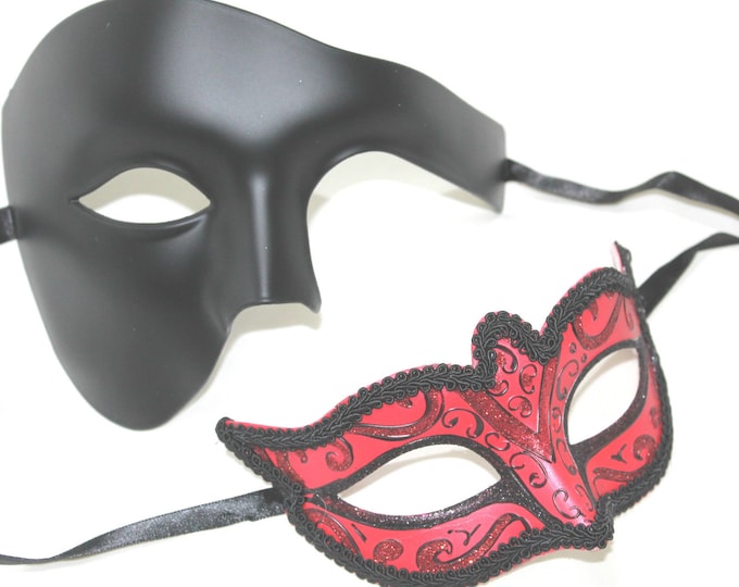 Black & Red Phantom Pair of Male and Female Couples Masquerade Masks