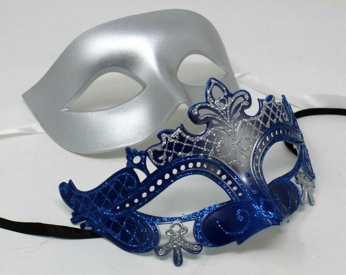 Blue and Silver His and Hers Couple Masquerade Masks