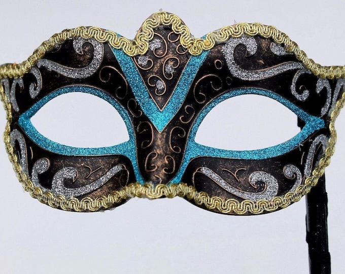 Stunning Turquoise, Black, Bronze Silver and Gold Masquerade Mask on a Black Stick