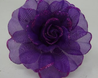 Hair Fascinator Corsage and Brooch Purple / Lilac Fabric Flower with Glitter Edged Petals - Clip Fastening