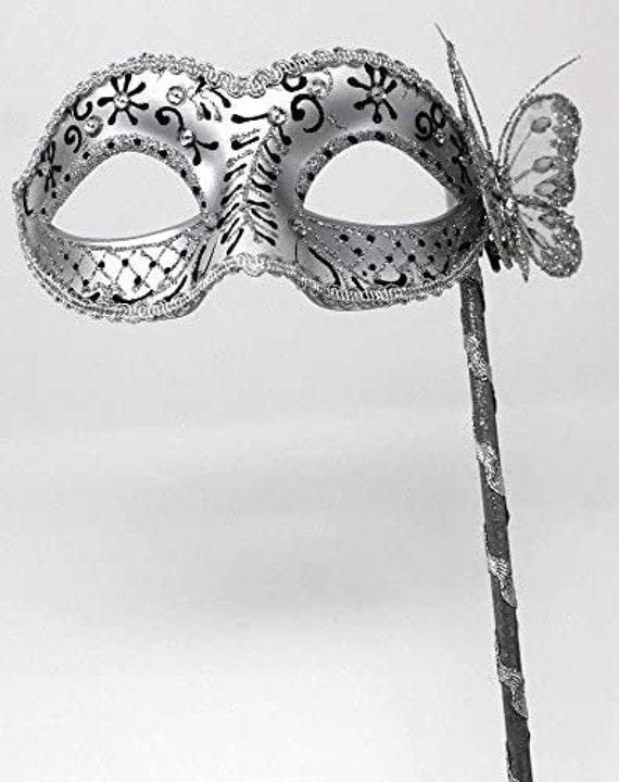 Noir Argent Avec Papillon Vénitien Mascarade Partie Masque Femmes Masque à Bâton 