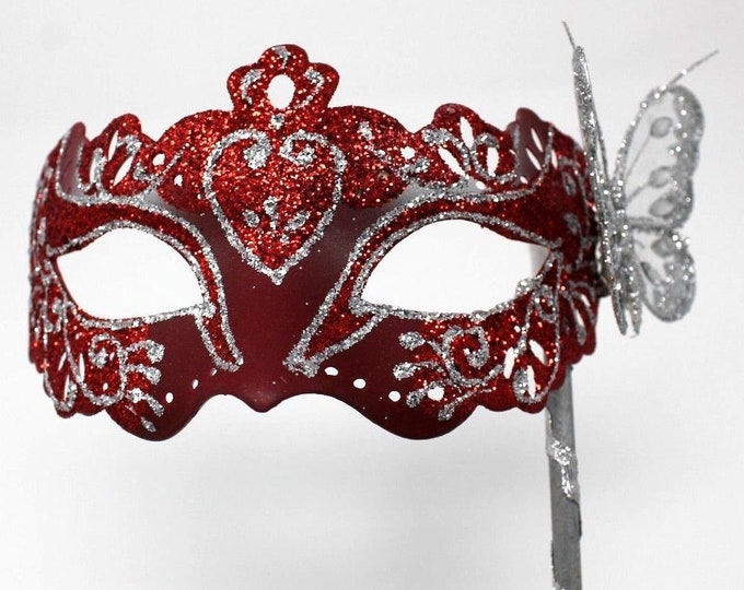 Red and Silver Butterfly Mask on a Silver Stick
