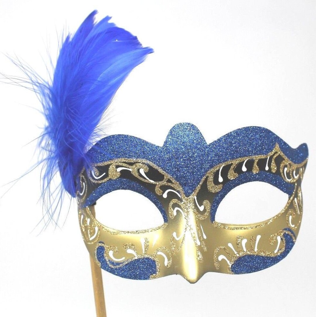 Stunning Blue and Gold With Feather Masquerade Mask on a Gold Stick - Etsy