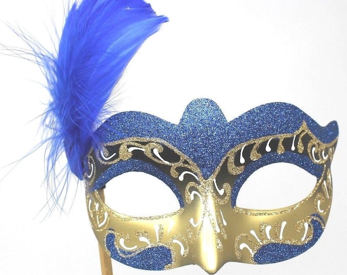 Stunning Blue and Gold with Feather Masquerade Mask on a Gold Stick