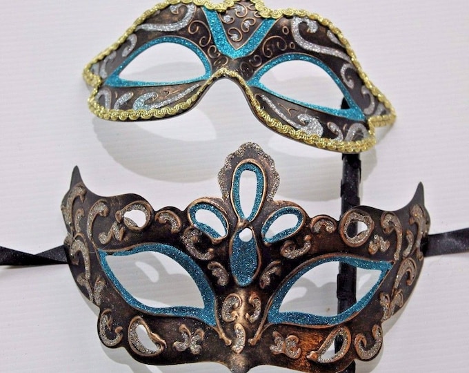 His and Hers Turquoise, Bronze, Silver and Gold Pair of Male and Female Couples Masquerade Masks