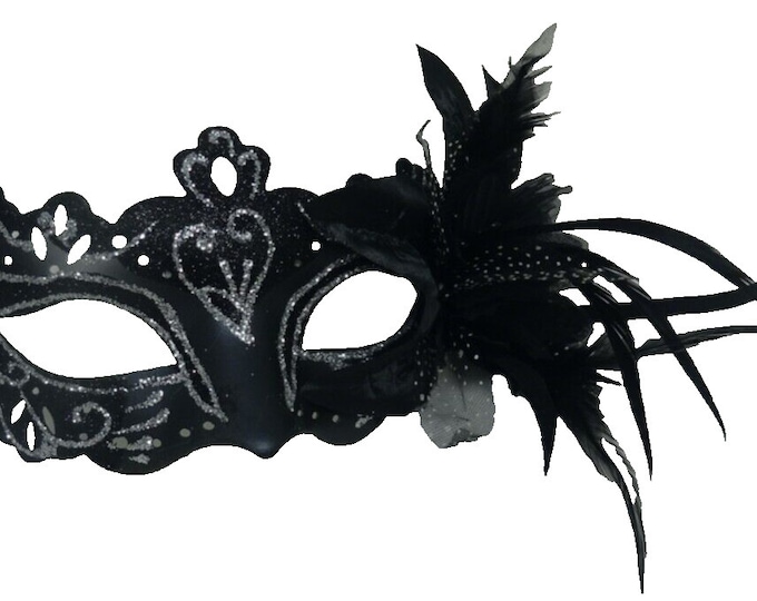 Black and Silver Rialto Masquerade Mask with Flower for Masked Ball Carnival Party Halloween