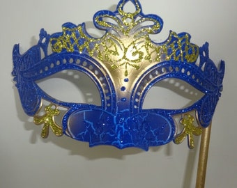 Blue and Gold Rialto Masquerade Ball Party Carnival Eye Mask Hand Held on a Stick