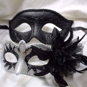 His and Hers Couples Masquerade Masks in Black and White Swan Lake Design with Flower
