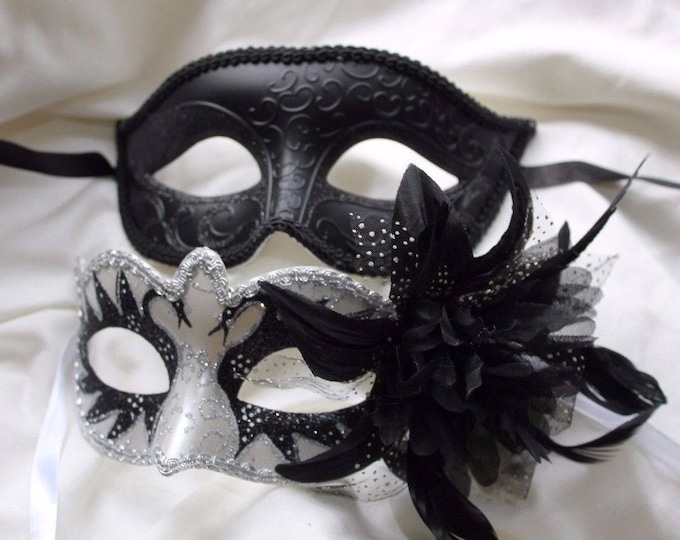 His and Hers Couples Masquerade Masks in Black and White Swan Lake Design with Flower