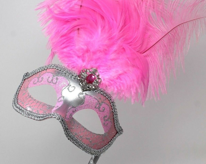 Baby Pink and Silver Feather Masquerade Mask on a Gold Stick