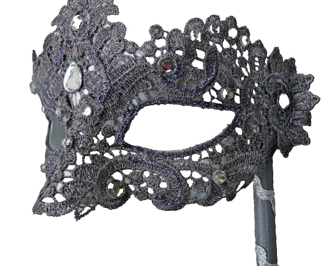 Hand Held Silver Grey Brocade Lace Masquerade Party Carnival Ball Mask on Stick