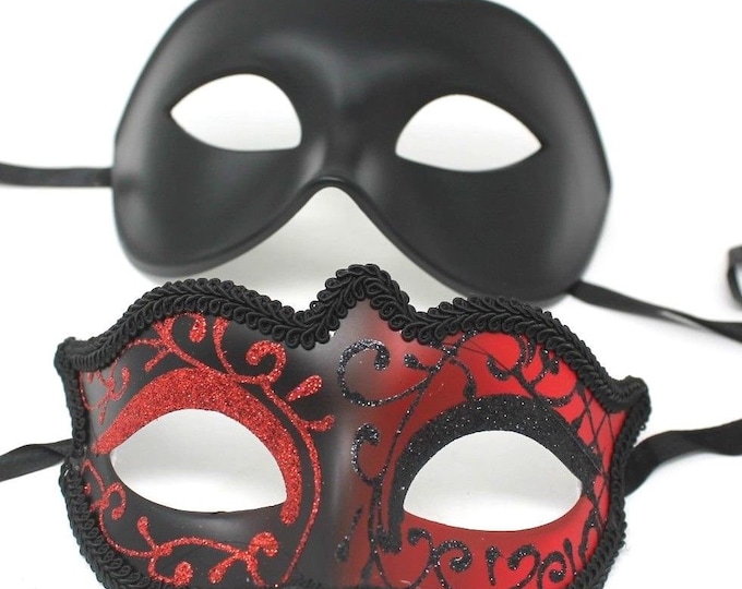 Black & Red Pair of Male and Female Couples Masquerade Masks