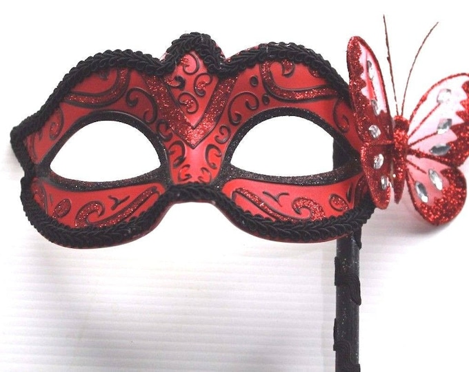 Red and Black Butterfly Masquerade Mask on a Black Stick