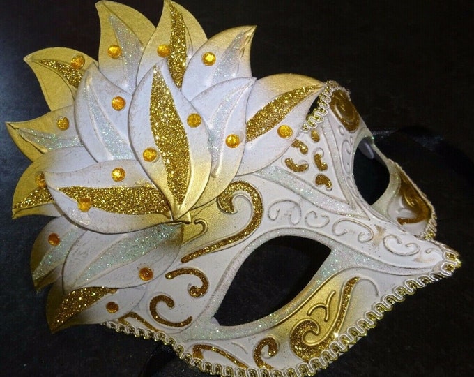Ladies White and Gold Sparkling Masquerade Mask with Diamonte Detail