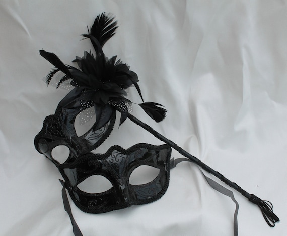Black His and Hers Couples Masquerade Masks on a Black Stick