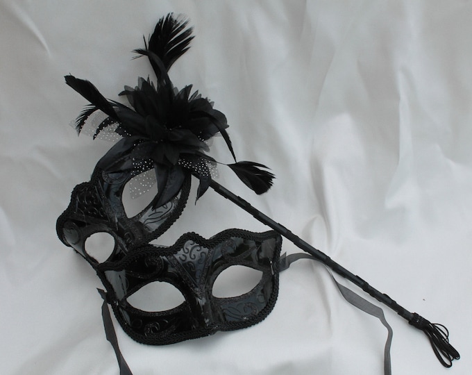 Black His and Hers Couples Masquerade Masks on a Black Stick