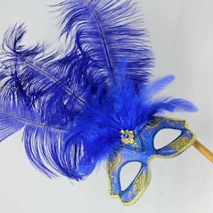 Blue and Gold Feather Masquerade Mask on a Gold Stick