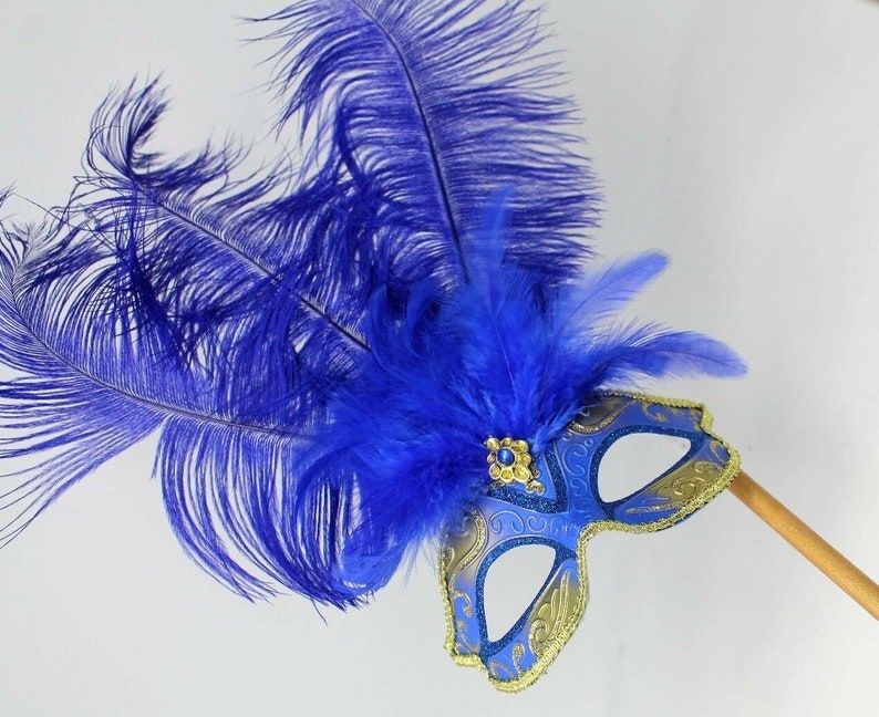 Blue and Gold Feather Masquerade Mask on a Gold Stick - Etsy