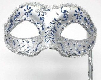 Blue and Silver Jewelled Party Masquerade Wedding Bridal ball Eye Mask on Stick