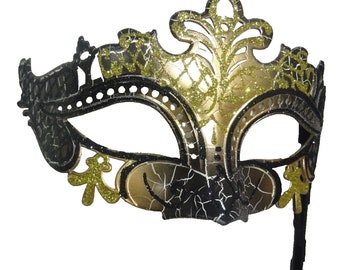 Black and Gold Rialto Masquerade Ball Party Carnival Eye Mask Hand Held on a Stick