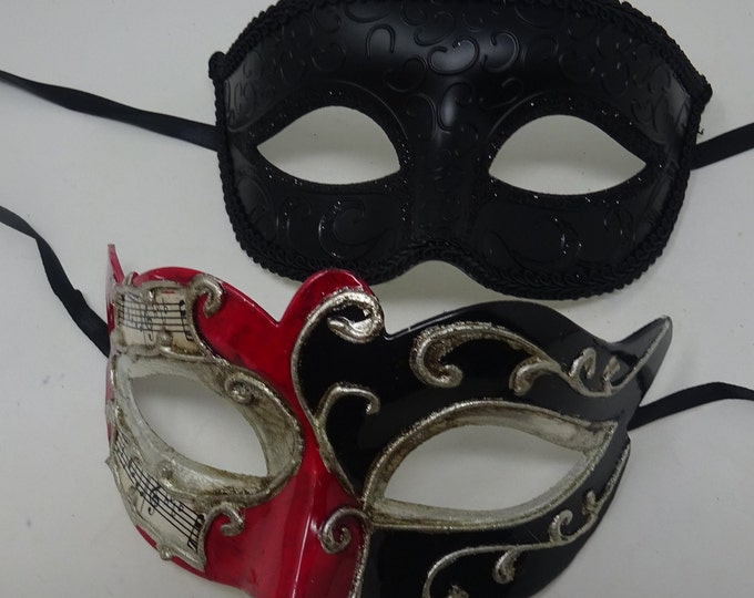 Musical Script Red Silver and Black His and Hers Couples Pair of Masquerade Masks
