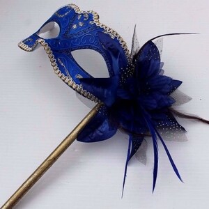 Stunning Blue and Gold With Flower Masquerade Mask on a Gold Stick With ...