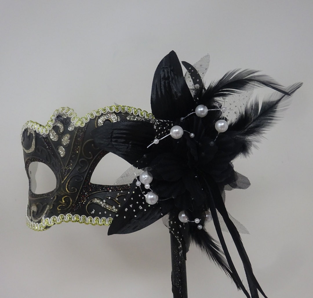 Stunning Black, Bronze Silver and Gold Masquerade Mask on a Black Stick ...