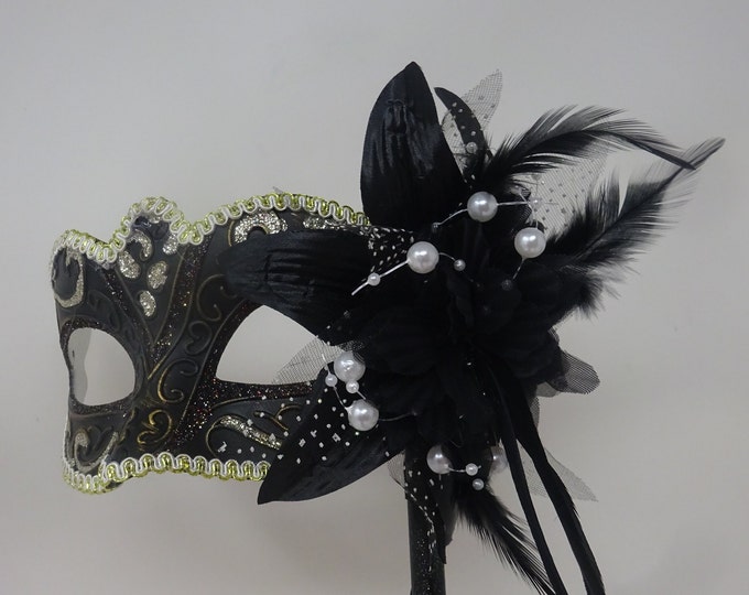 Stunning Black, Bronze Silver and Gold Masquerade Mask on a Black Stick with Flower and Pearls